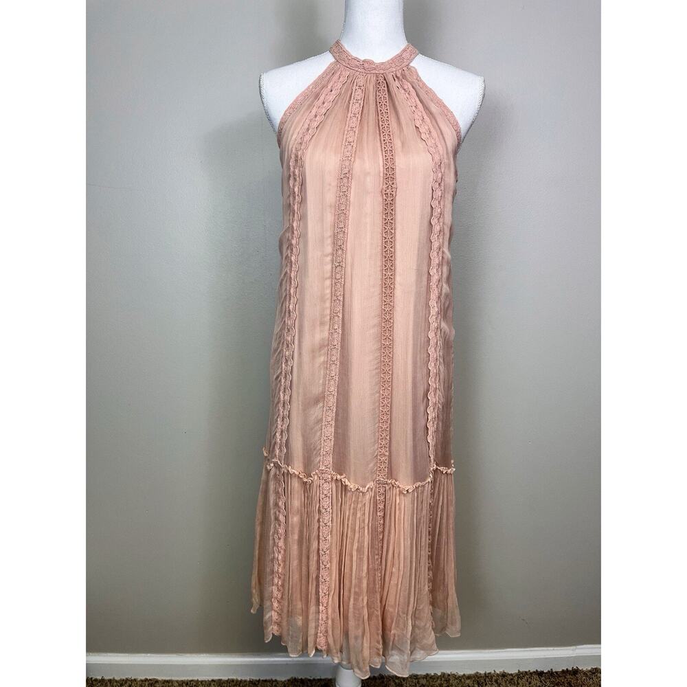Sundance Pink Peach Sheer Lace Crochet Midi Dress High Neck Cupro Boho Small